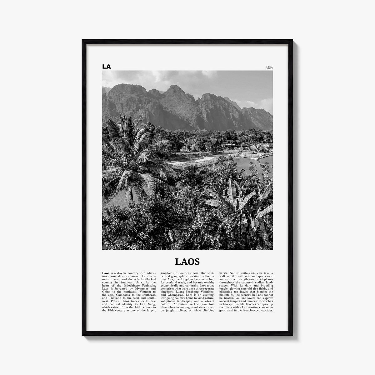 Laos no. 2 black & white newspaper poster of Asia – vertical wall art, unframed print shown in interior mockup