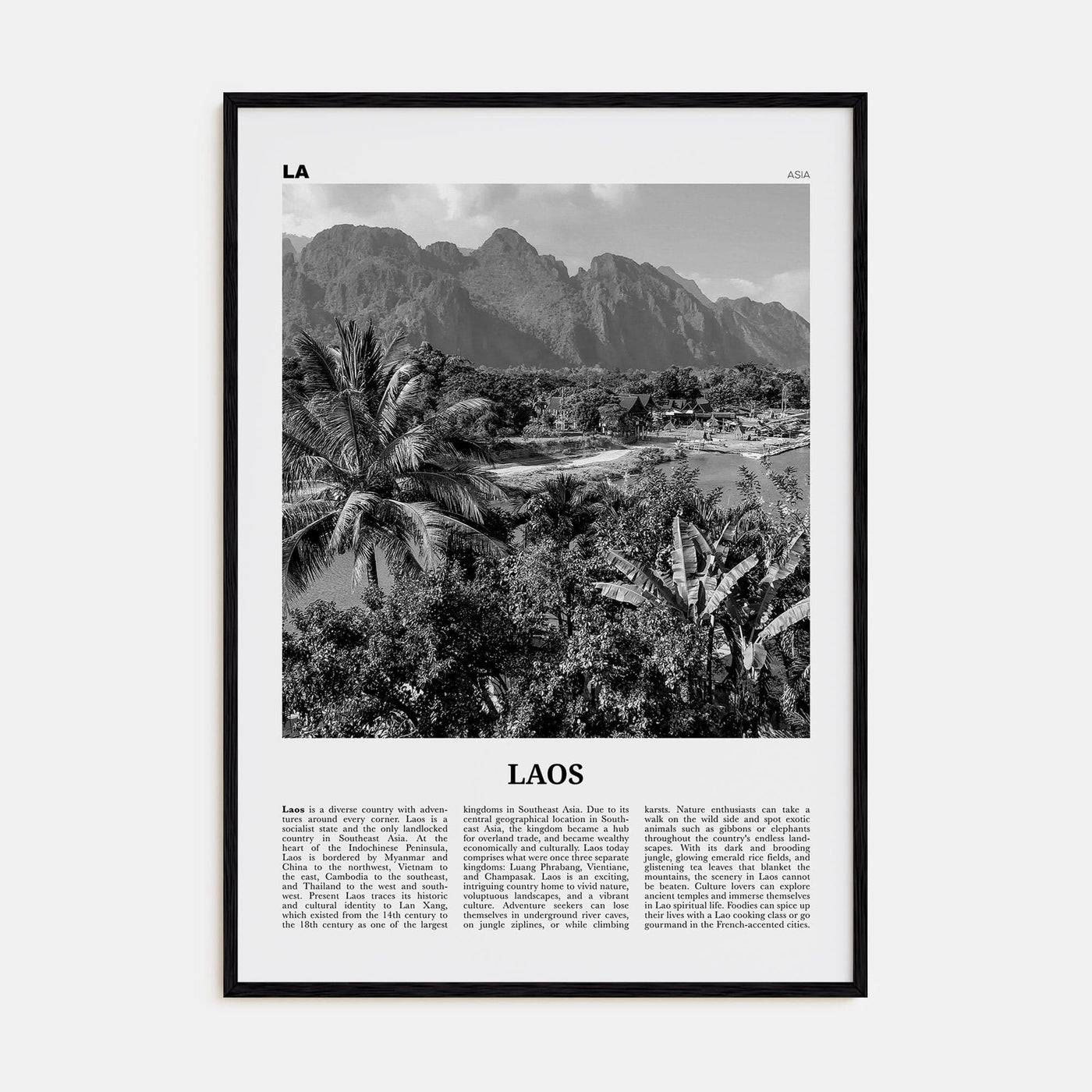 Laos No 2 Poster Black Wood / 8x12 in Nbourhood Travel B&W Poster