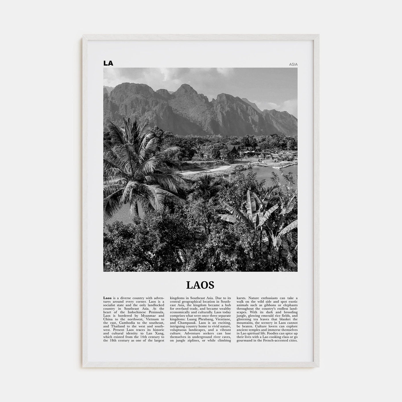 Laos No 2 Poster White Wood / 8x12 in Nbourhood Travel B&W Poster