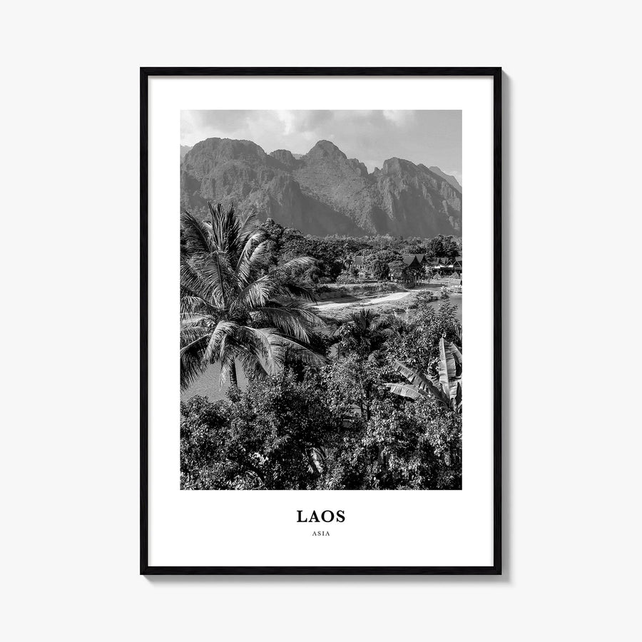 Laos no. 3 black & white classic poster of Asia – vertical wall art, unframed print shown in interior mockup