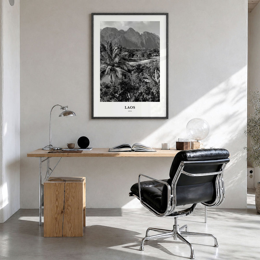 Laos Classic No 3 Poster in a black wood frame, hanging in a bright home office