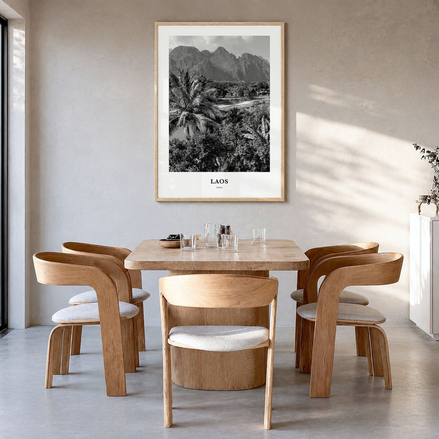 Laos Classic No 3 Poster in a natural wood frame, hanging in a dining room