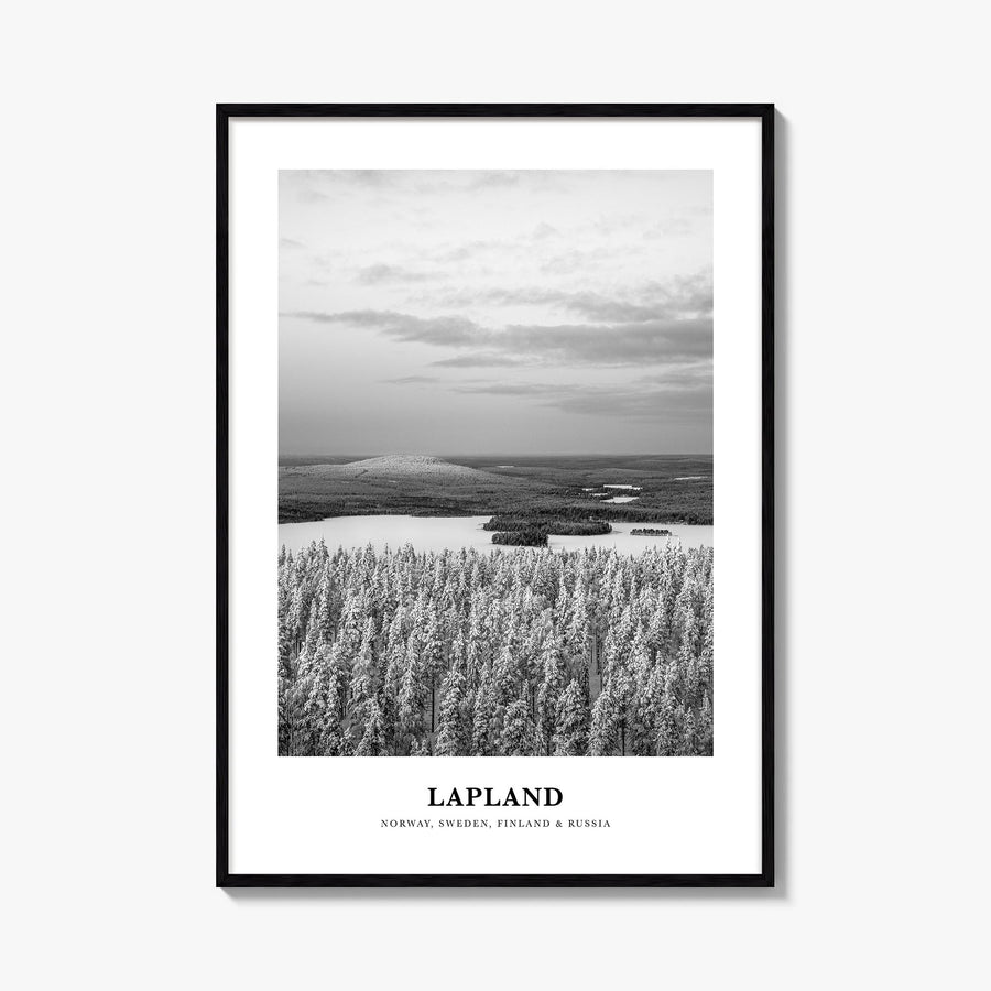 Lapland black & white classic poster of Europe – vertical wall art, unframed print shown in interior mockup