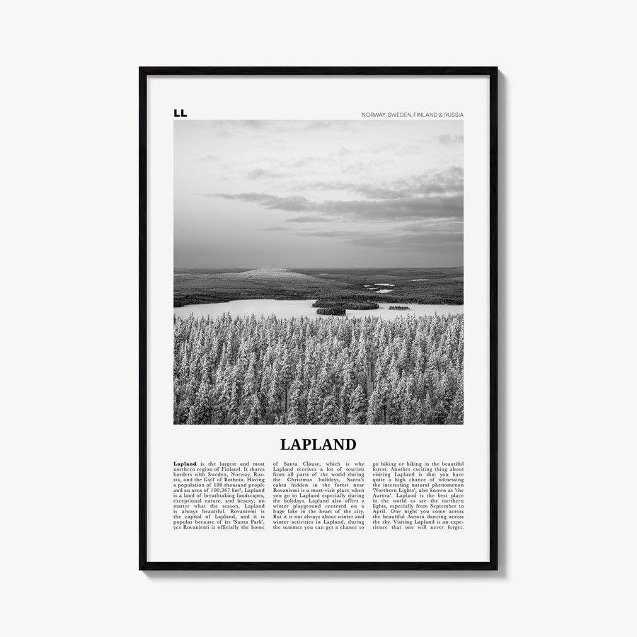 Lapland black & white newspaper poster of Europe – vertical wall art, unframed print shown in interior mockup