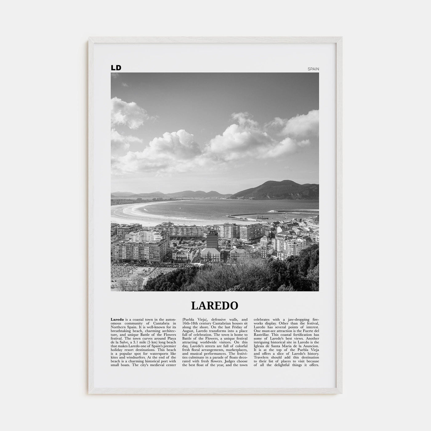 Laredo, Spain Poster White Wood / 8x12 in Nbourhood Travel B&W Poster