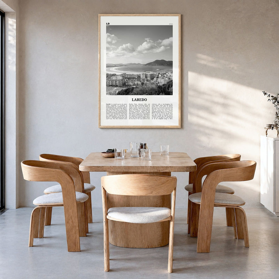Laredo, Spain Newspaper Poster in a natural wood frame, hanging in a dining room