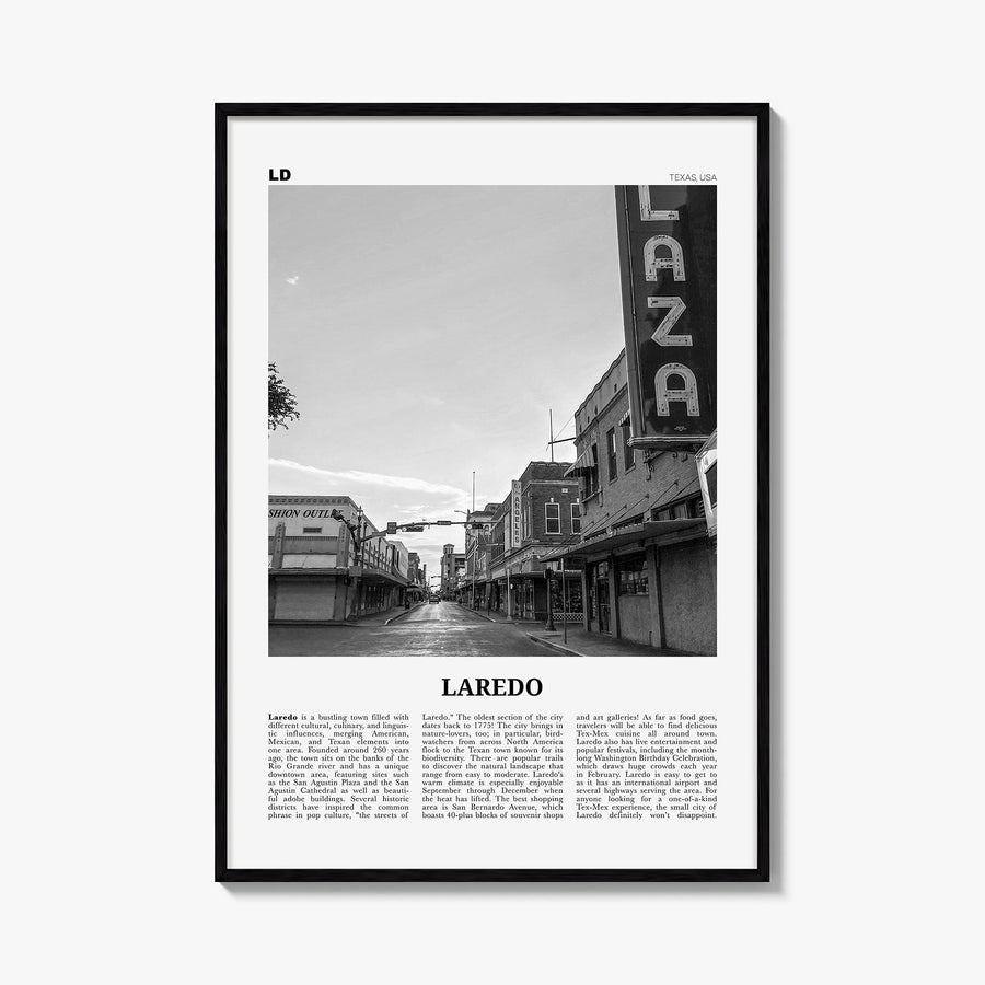 Laredo, Texas black & white newspaper poster of Texas, USA – vertical wall art, unframed print shown in interior mockup