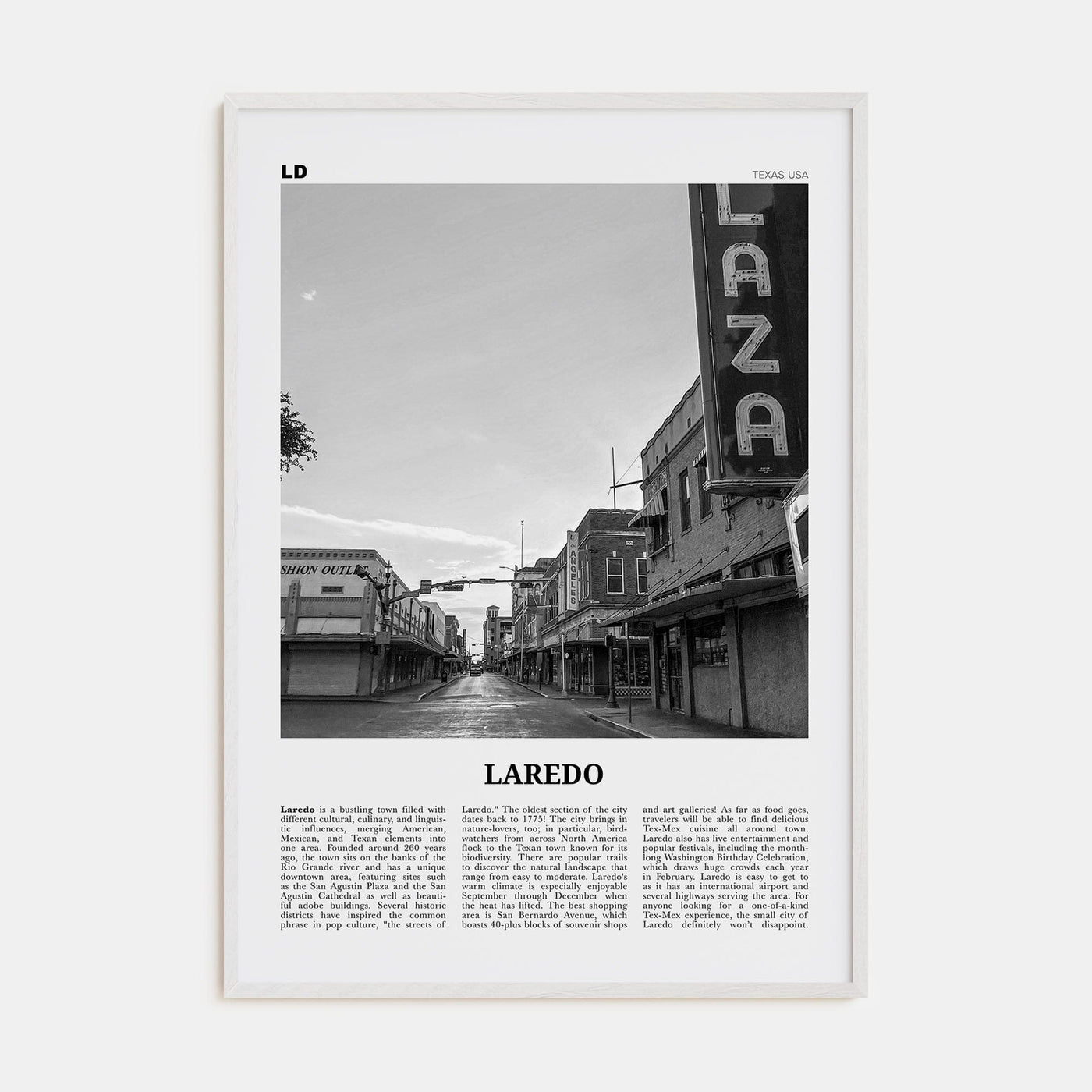 Laredo, Texas Poster White Wood / 8x12 in Nbourhood Travel B&W Poster