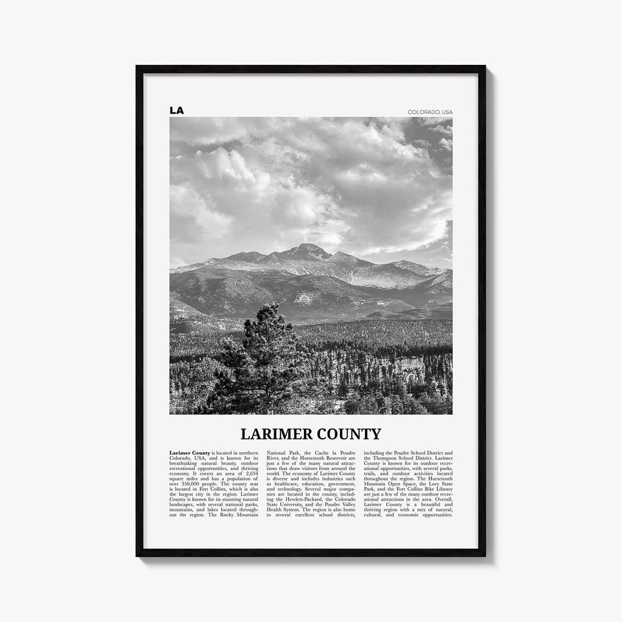 Larimer County black & white newspaper poster of Colorado, USA – vertical wall art, unframed print shown in interior mockup