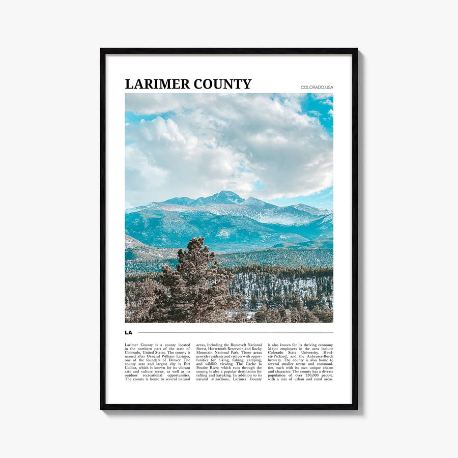 Larimer County colorful travel poster of Colorado, USA – vertical wall art, unframed print shown in interior mockup