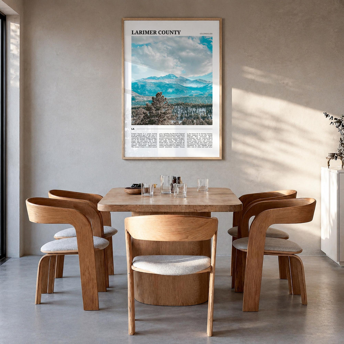 Larimer County colorful travel poster of Colorado, USA – vertical wall art in natural wood frame, hanging on wall