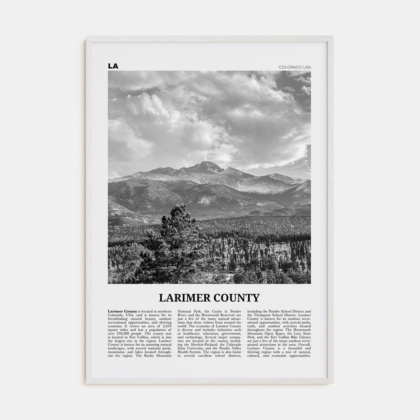 Larimer County Poster White Wood / 8x12 in Nbourhood Travel B&W Poster