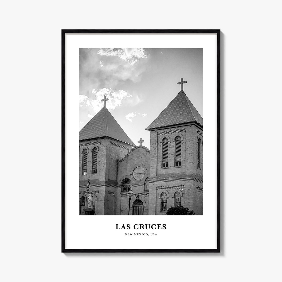 Las Cruces black & white classic poster of New Mexico, USA – vertical wall art, unframed print shown in interior mockup