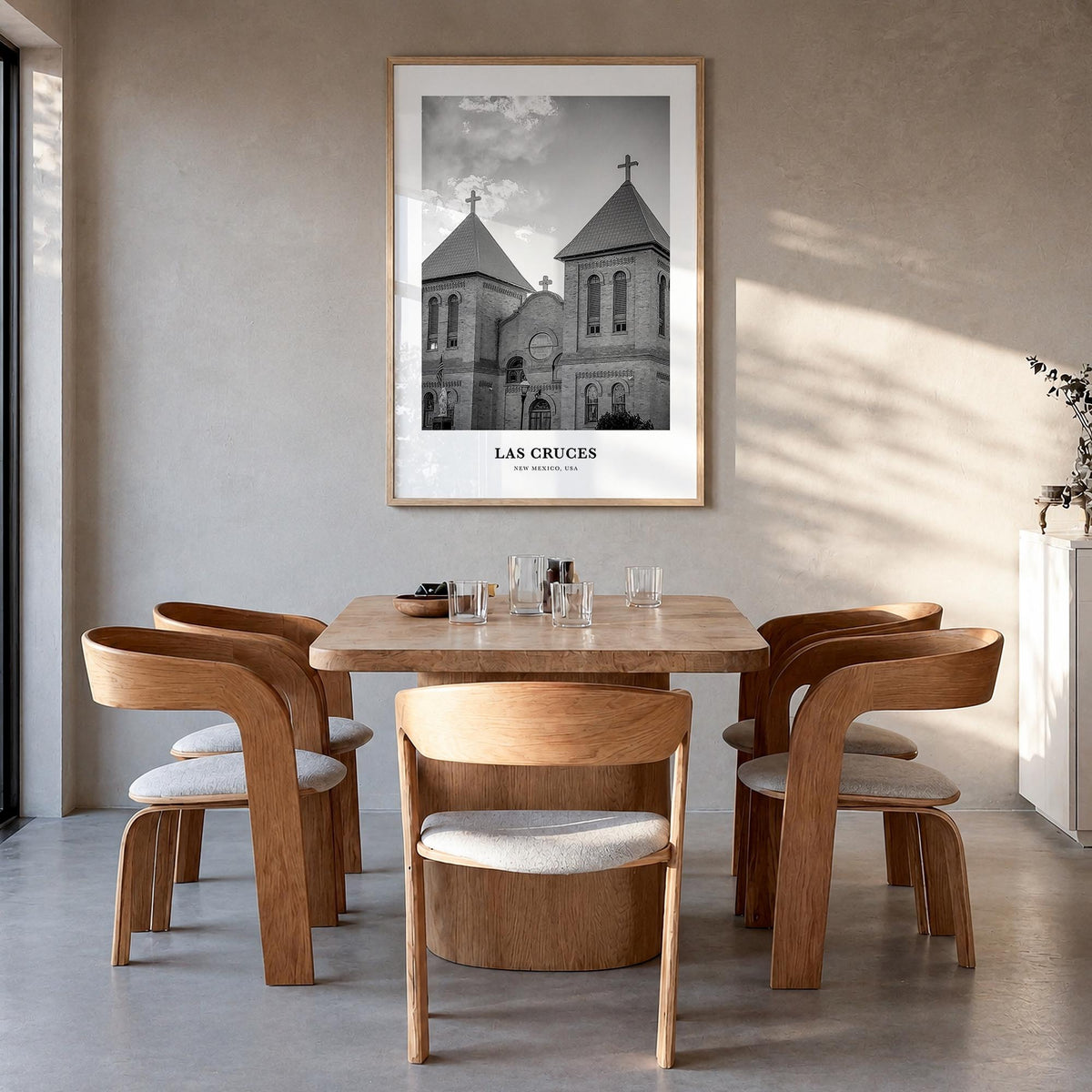 Las Cruces black & white classic poster of New Mexico, USA – vertical wall art in natural wood frame, hanging on wall