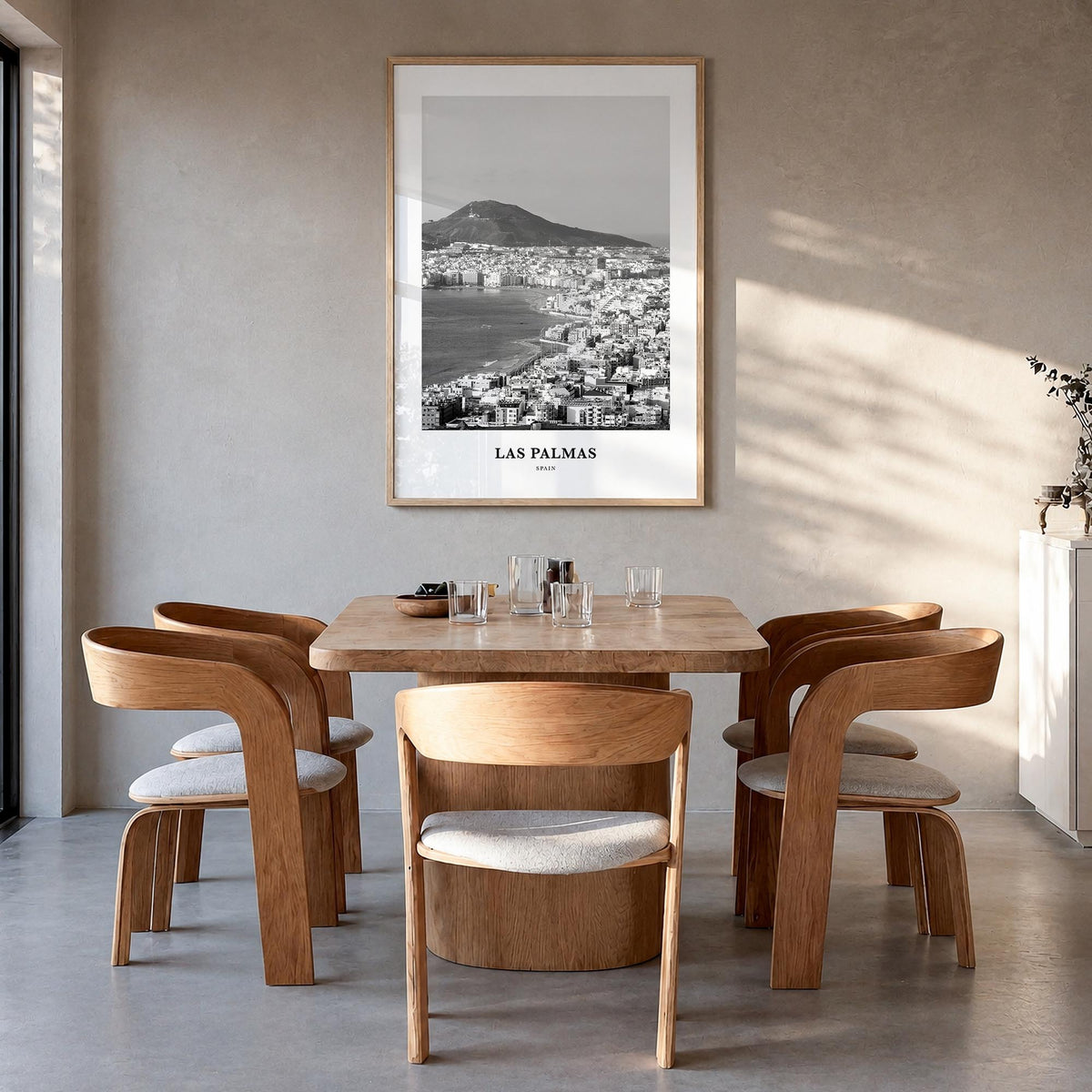 Las Palmas black & white classic poster of Spain – vertical wall art in natural wood frame, hanging on wall