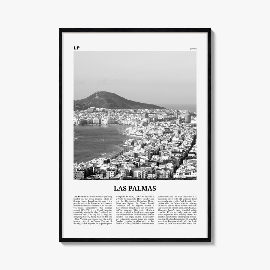 Las Palmas black & white newspaper poster of Spain – vertical wall art, unframed print shown in interior mockup