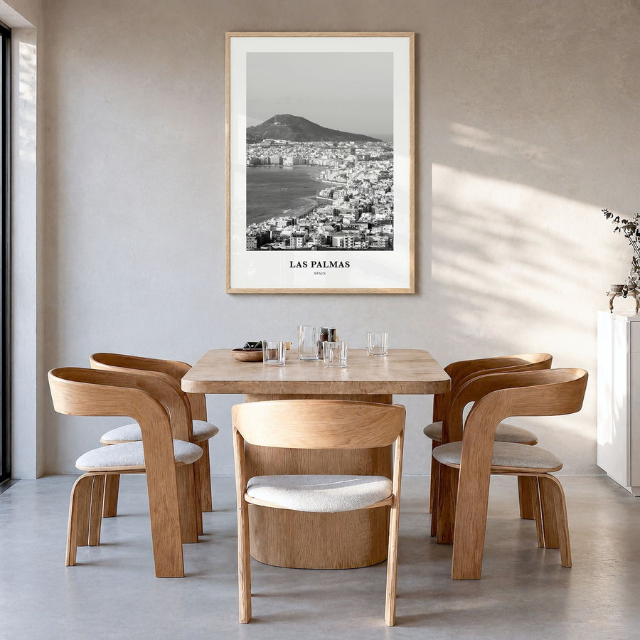 Las Palmas Classic Poster in a natural wood frame, hanging in a dining room