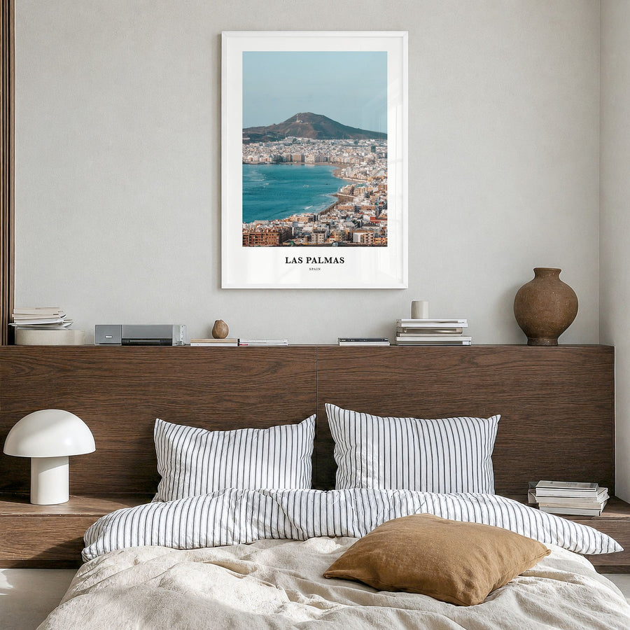 Las Palmas Classic Poster in a white wood frame, hanging in a bedroom