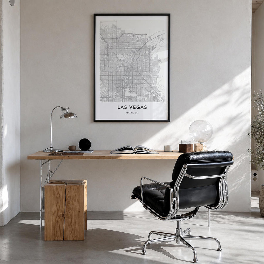 Las Vegas black & white map poster of Nevada, USA – vertical wall art in black wood frame, hanging on wall