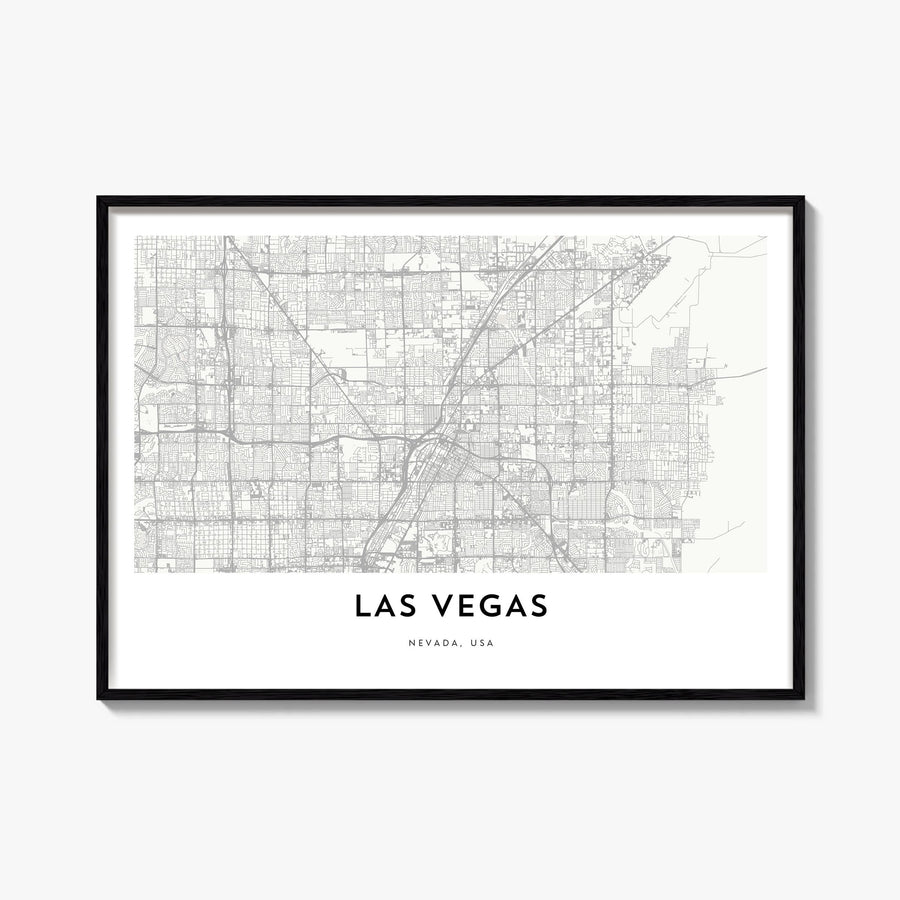 Las Vegas black & white map poster of Nevada, USA – horizontal wall art, unframed print shown in interior mockup