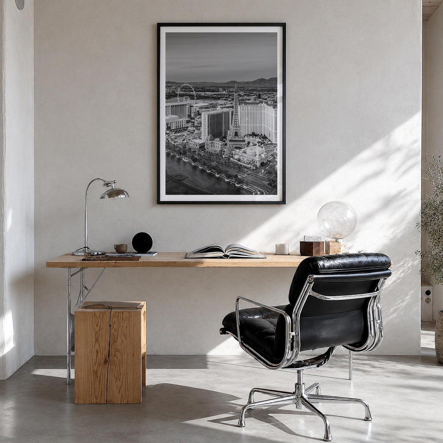 Las Vegas black & white photo poster of Nevada, USA – vertical wall art in black wood frame with white border, hanging on wal