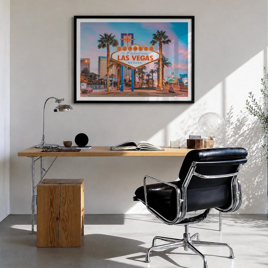 Las Vegas colorful photo poster of Nevada, USA – horizontal wall art in black wood frame with white border, hanging on wall