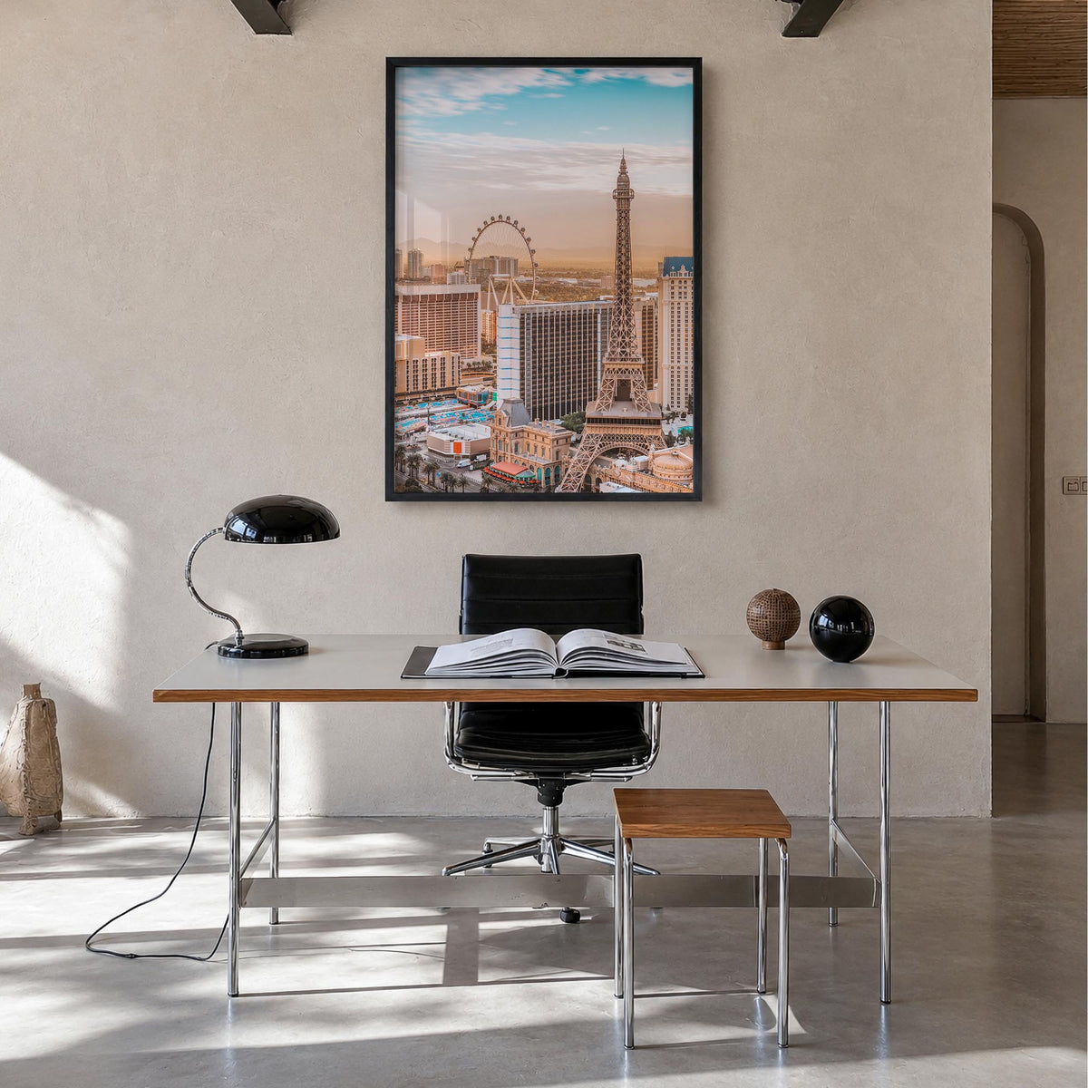 Las Vegas colorful photo poster of Nevada, USA – vertical wall art in black wood frame, hanging on wall