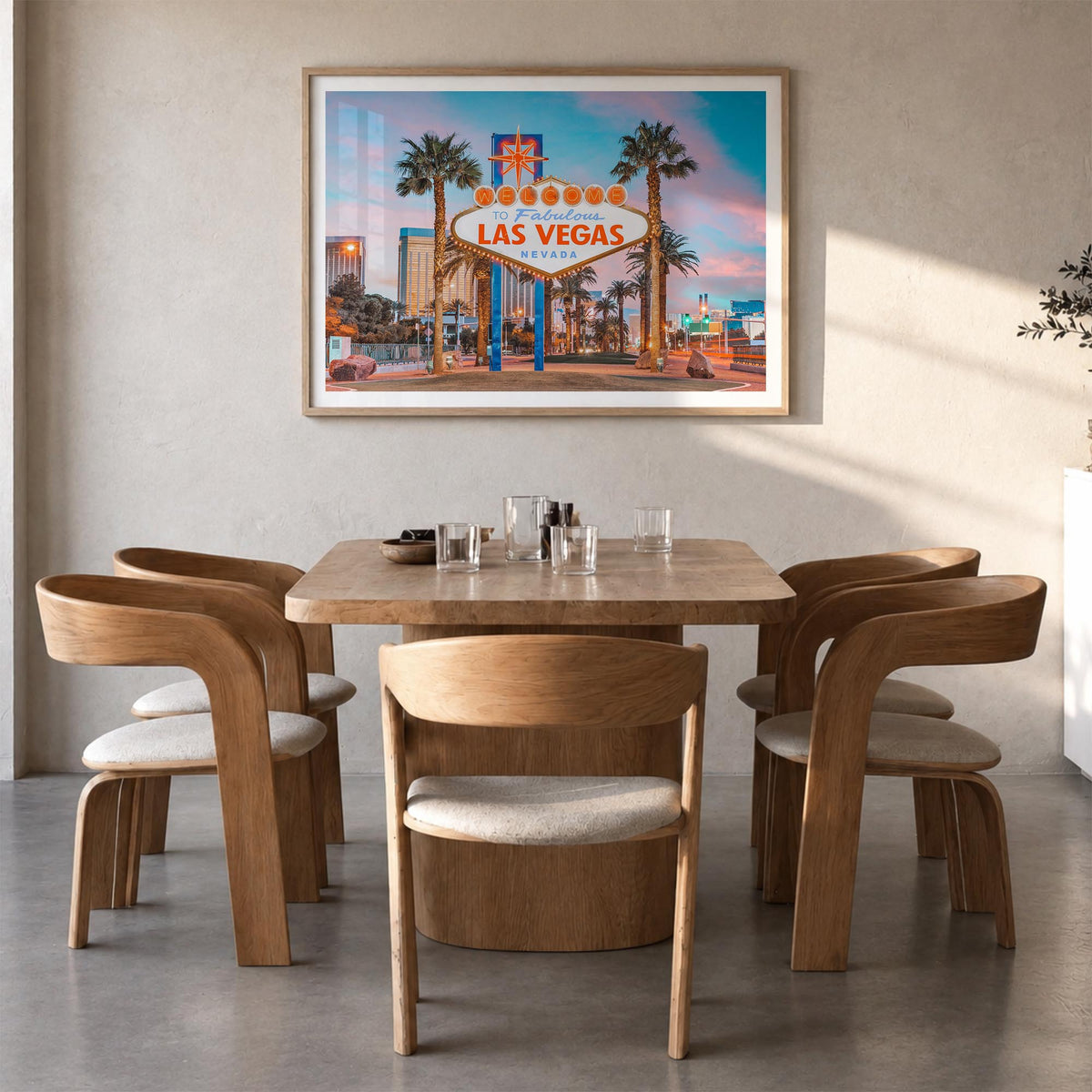 Las Vegas colorful photo poster of Nevada, USA – horizontal wall art in natural wood frame with white border, hanging on wall