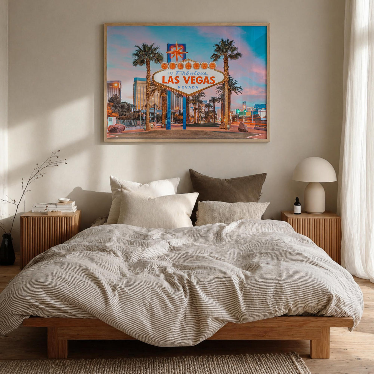 Las Vegas colorful photo poster of Nevada, USA – horizontal wall art in natural wood frame, hanging on wall