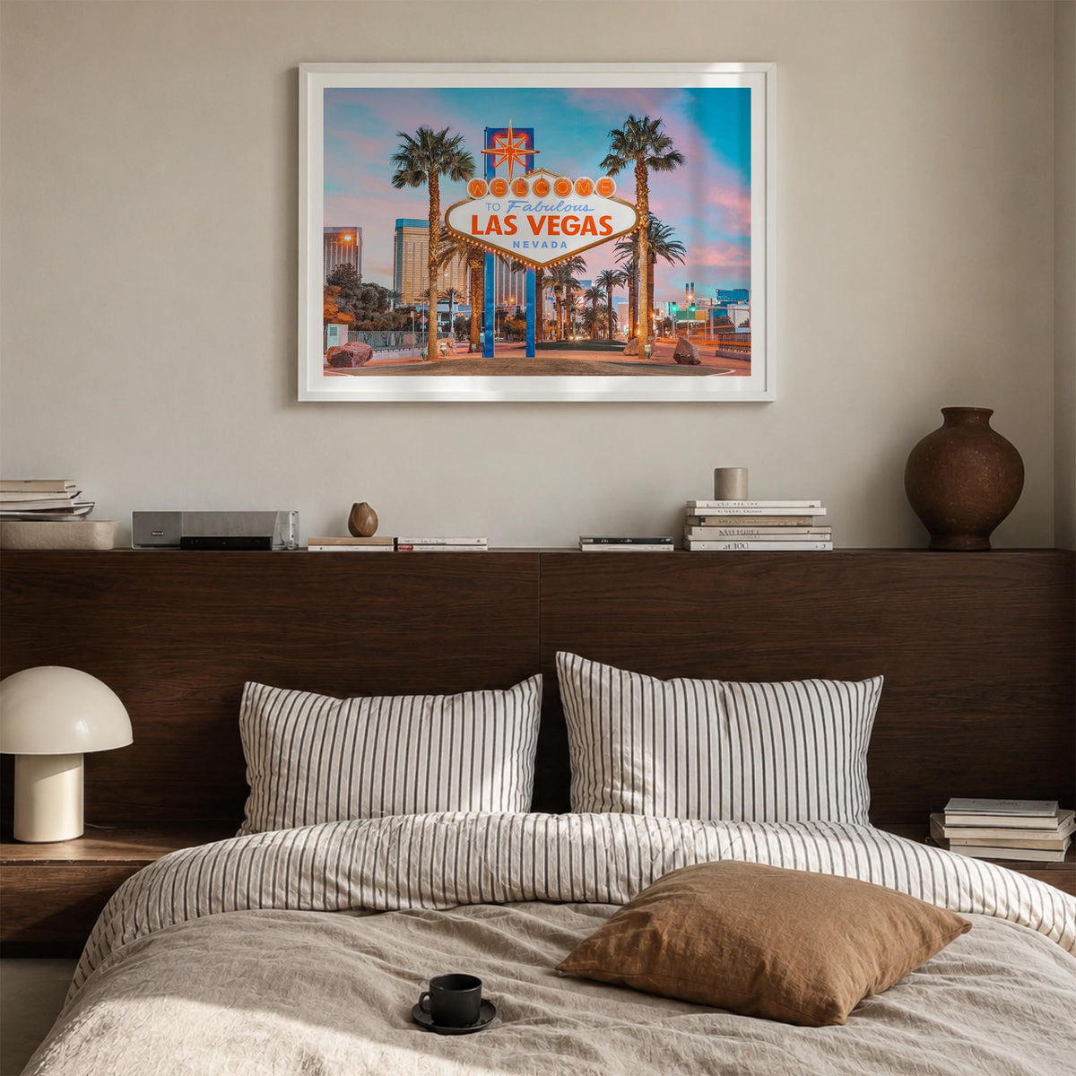 Las Vegas colorful photo poster of Nevada, USA – horizontal wall art in white wood frame with white border, hanging on wall