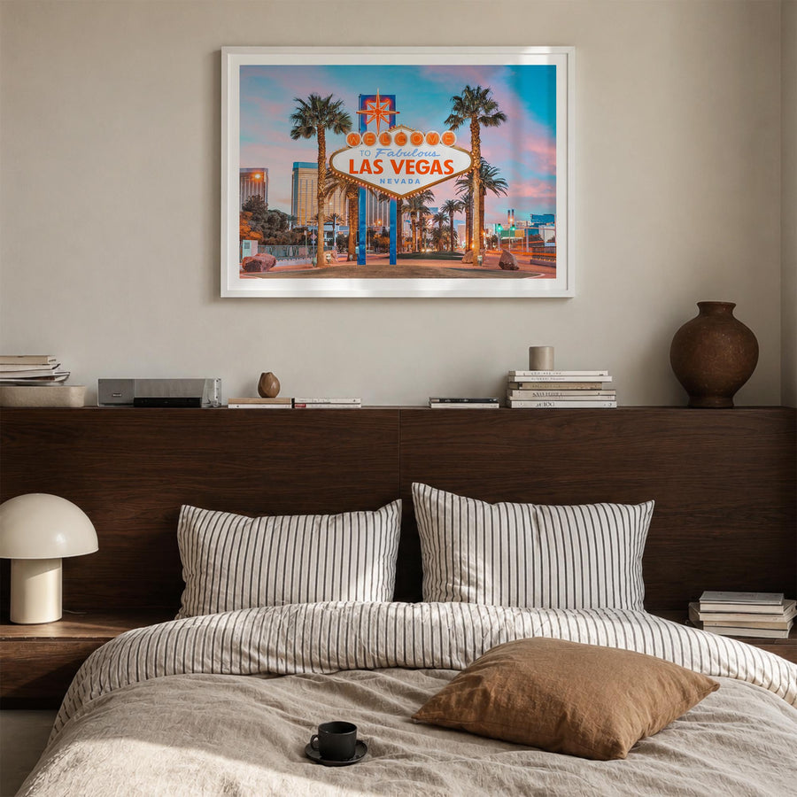 Las Vegas colorful photo poster of Nevada, USA – horizontal wall art in white wood frame with white border, hanging on wall