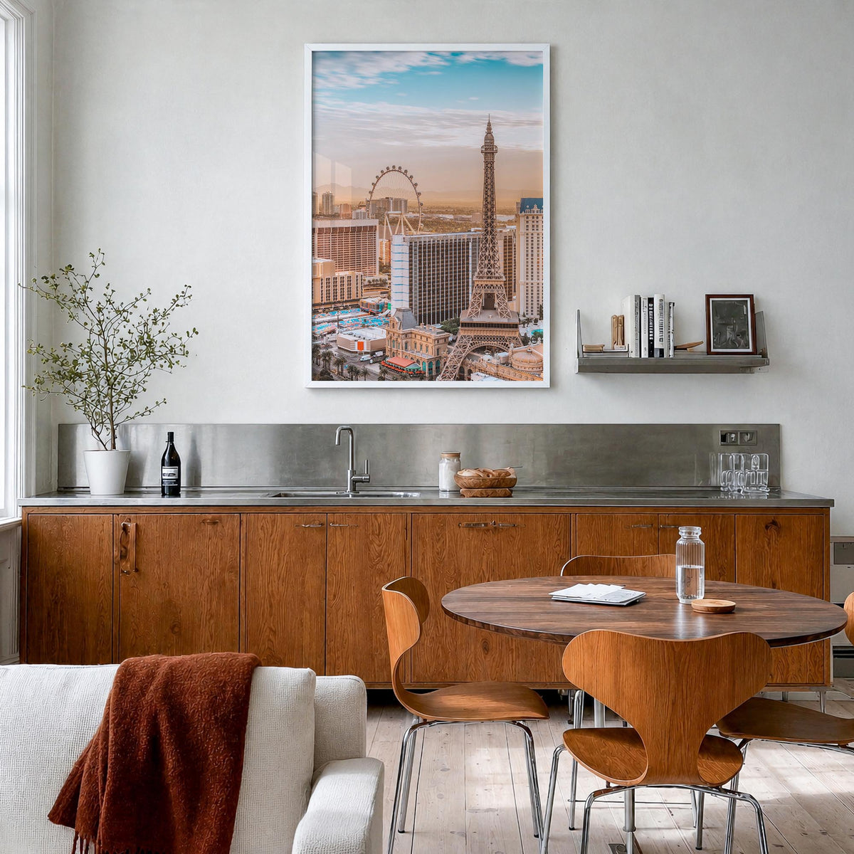 Las Vegas colorful photo poster of Nevada, USA – vertical wall art in white wood frame, hanging on wall