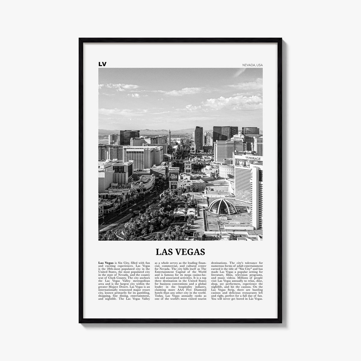 Las Vegas no. 2 black & white newspaper poster of Nevada, USA – vertical wall art, unframed print shown in interior mockup