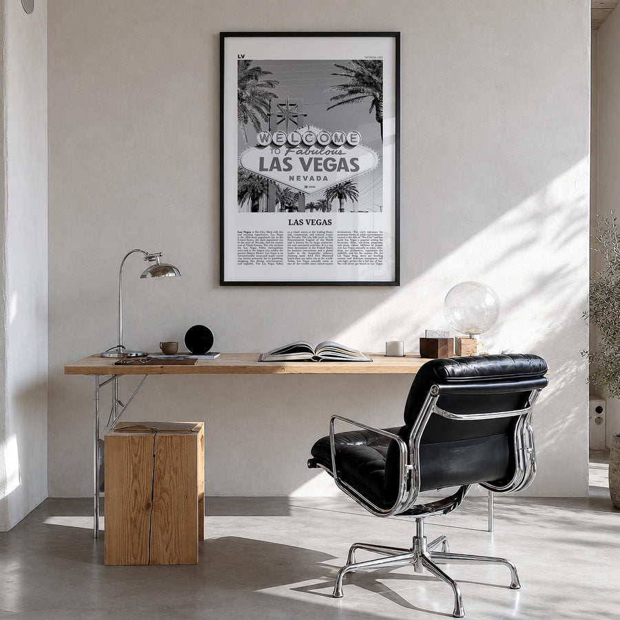 Las Vegas no. 3 black & white newspaper poster of Nevada, USA – vertical wall art in black wood frame, hanging on wall