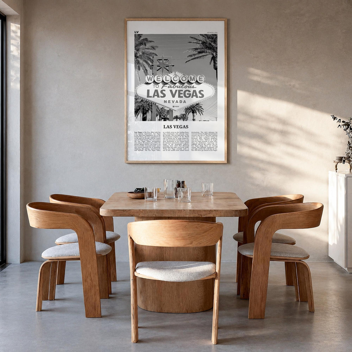 Las Vegas no. 3 black & white newspaper poster of Nevada, USA – vertical wall art in natural wood frame, hanging on wall