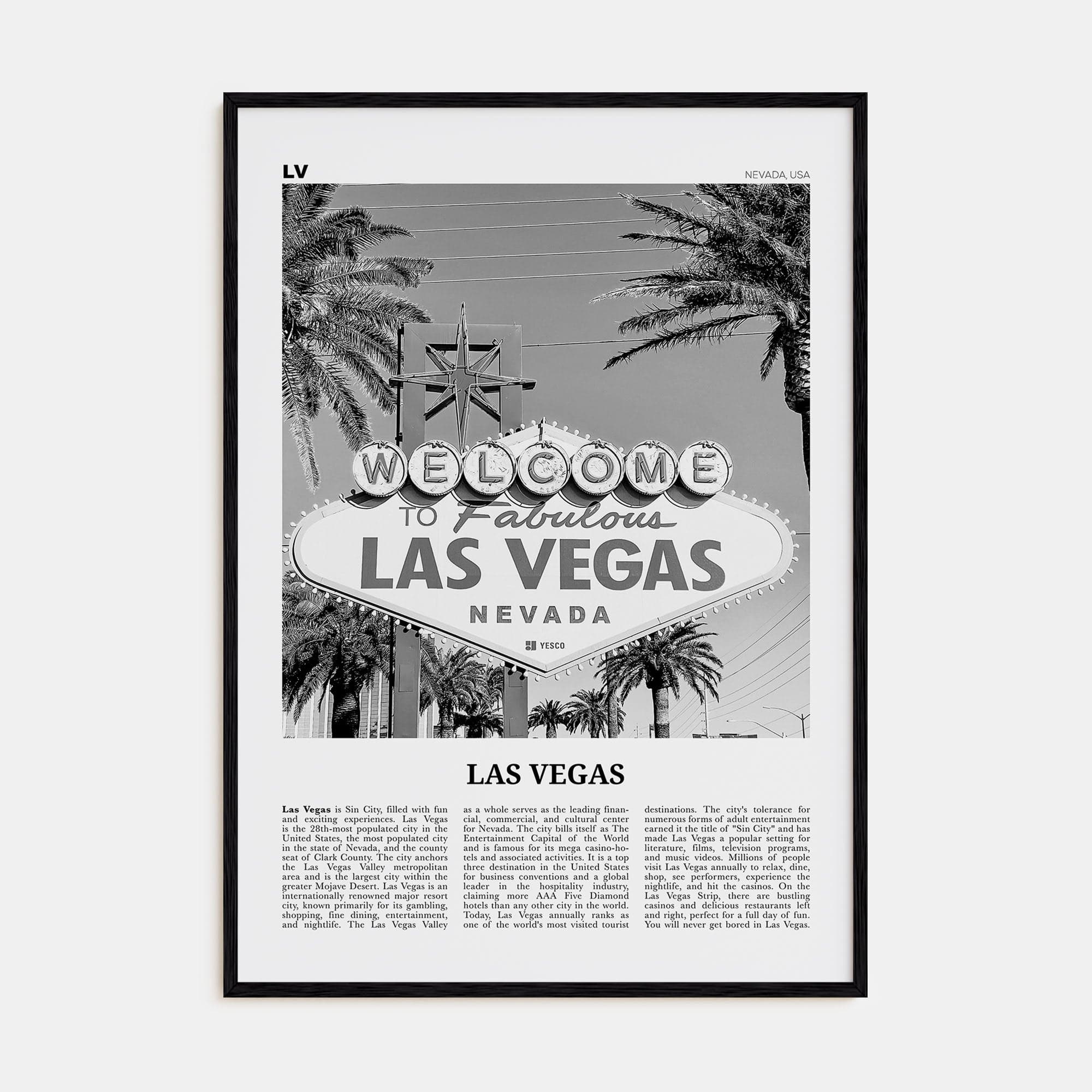 Las Vegas No 3 Poster Black Wood / 8x12 in Nbourhood Travel B&W Poster