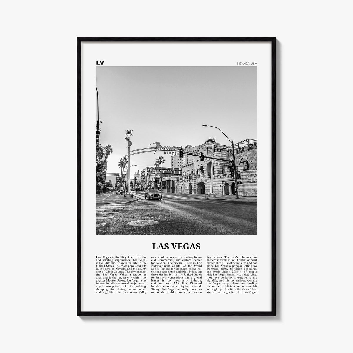 Las Vegas no. 4 black & white newspaper poster of Nevada, USA – vertical wall art, unframed print shown in interior mockup