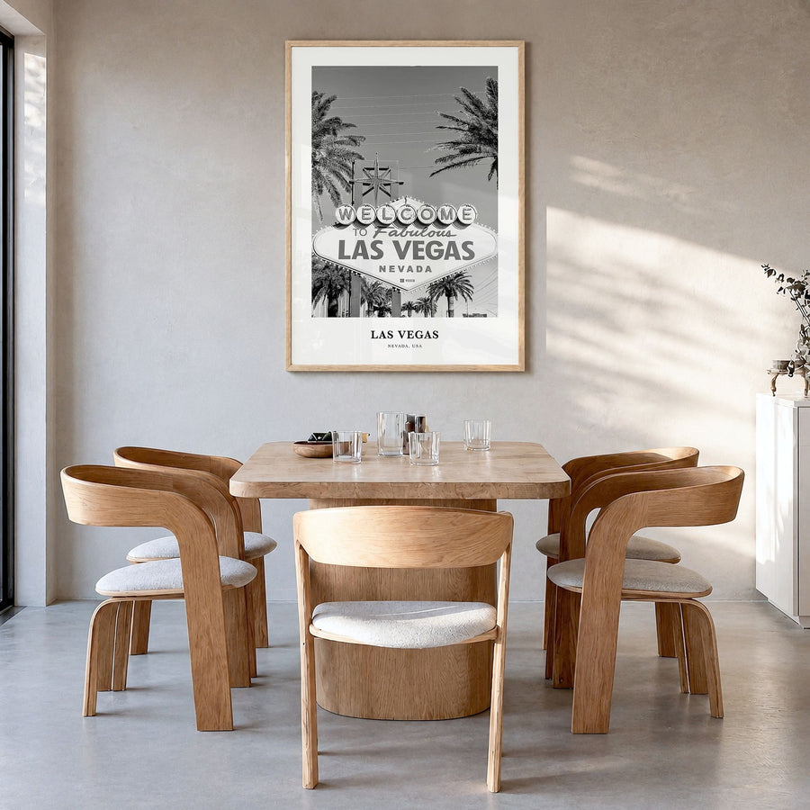 Las Vegas Classic No 1 Poster in a natural wood frame, hanging in a dining room