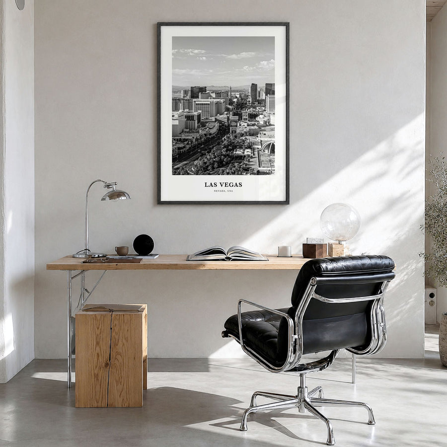 Las Vegas Classic No 2 Poster in a black wood frame, hanging in a bright home office
