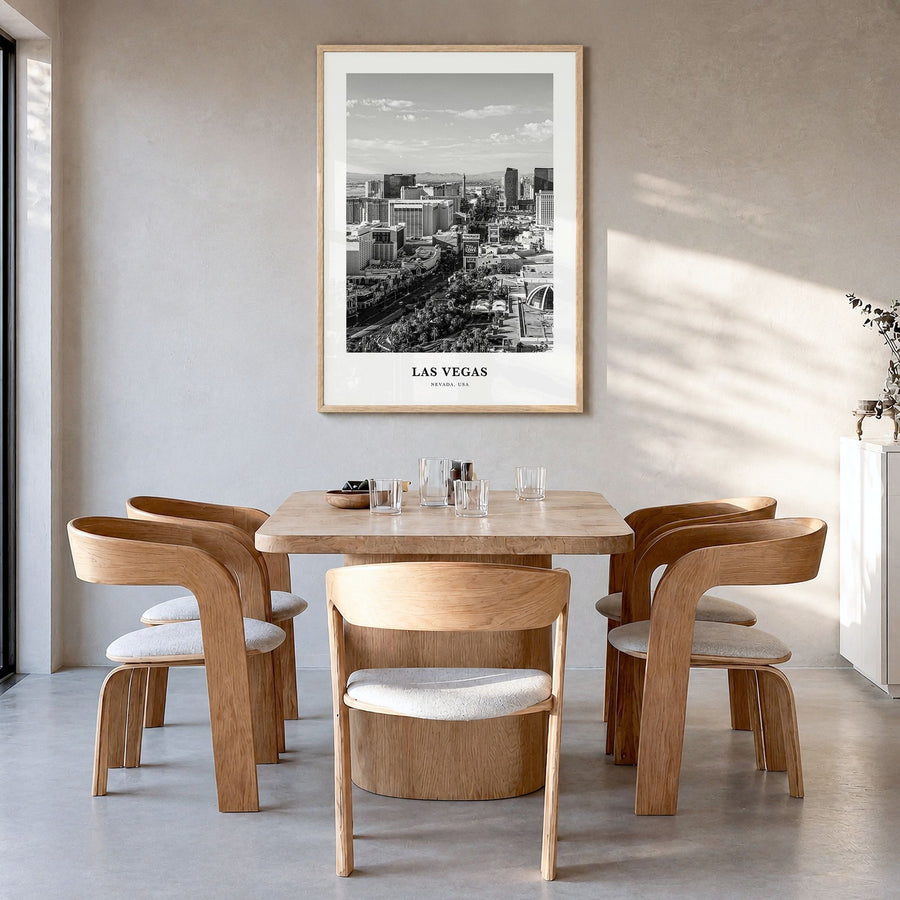 Las Vegas Classic No 2 Poster in a natural wood frame, hanging in a dining room