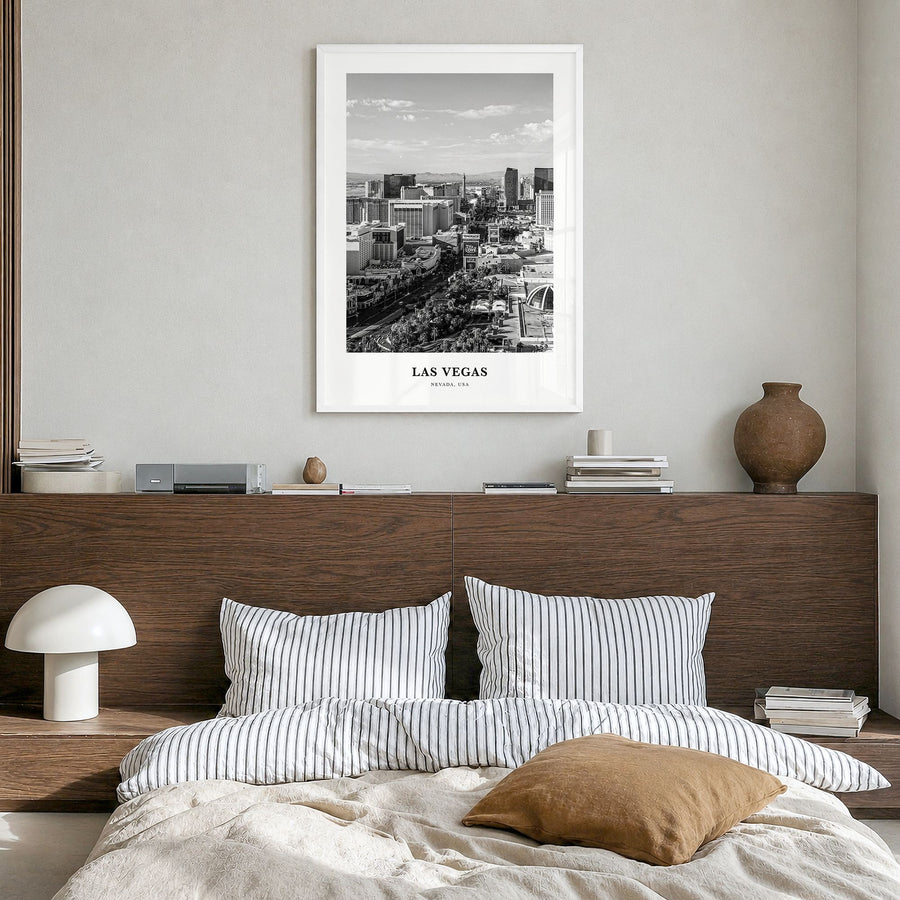 Las Vegas Classic No 2 Poster in a white wood frame, hanging in a bedroom