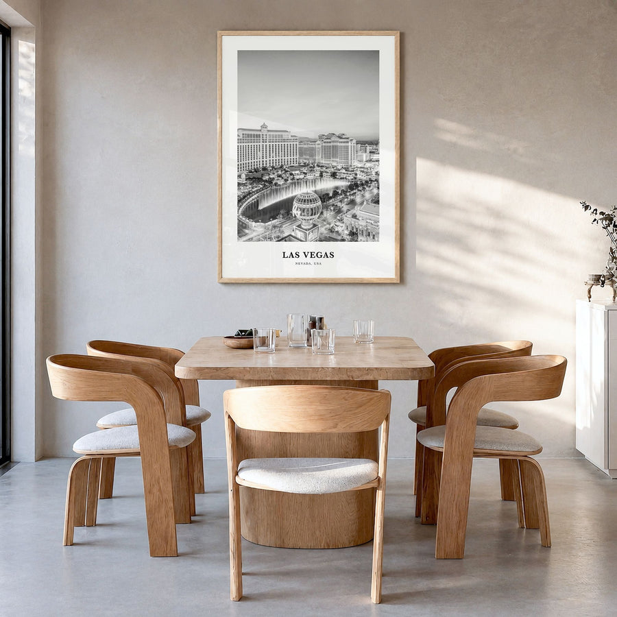 Las Vegas Classic No 4 Poster in a natural wood frame, hanging in a dining room
