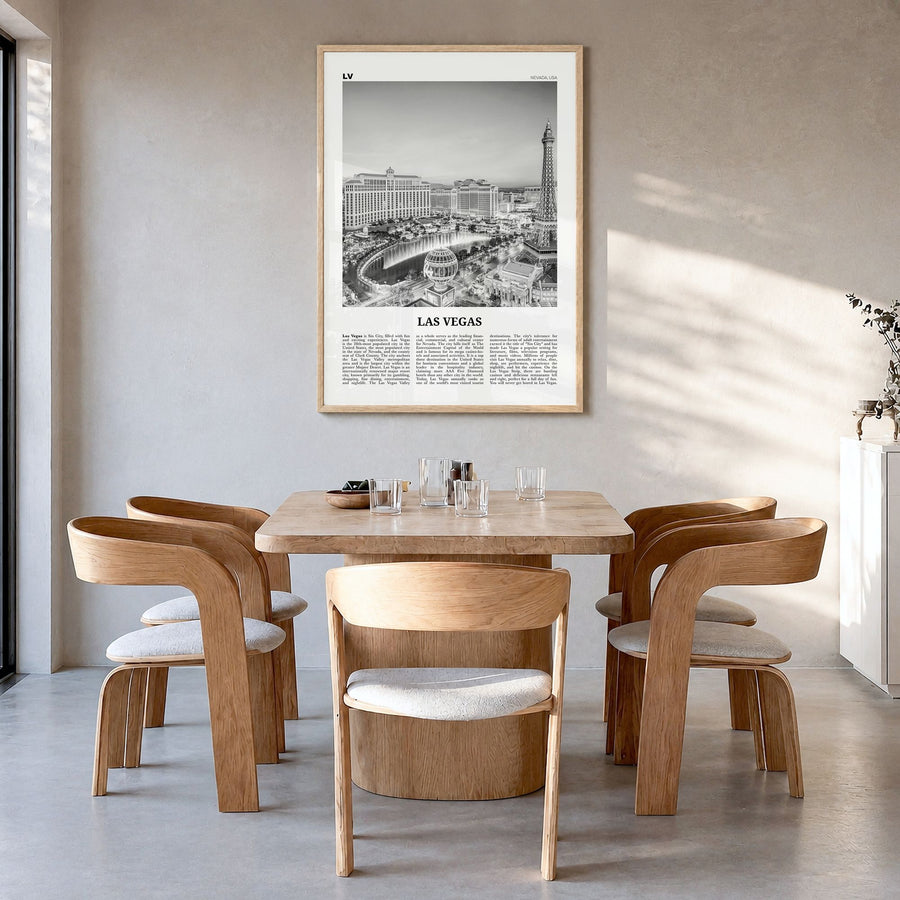 Las Vegas Newspaper No 1 Poster in a natural wood frame, hanging in a dining room