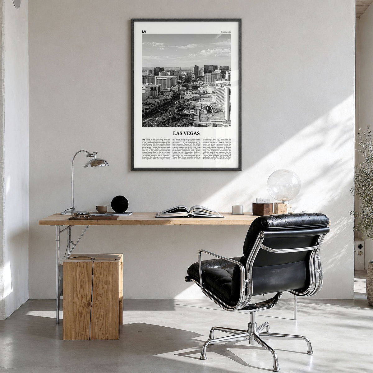 Las Vegas Newspaper No 2 Poster in a black wood frame, hanging in a bright home office