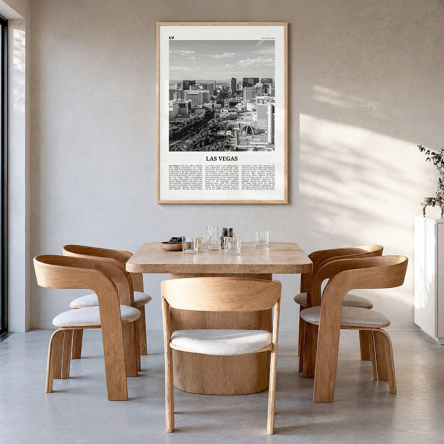 Las Vegas Newspaper No 2 Poster in a natural wood frame, hanging in a dining room