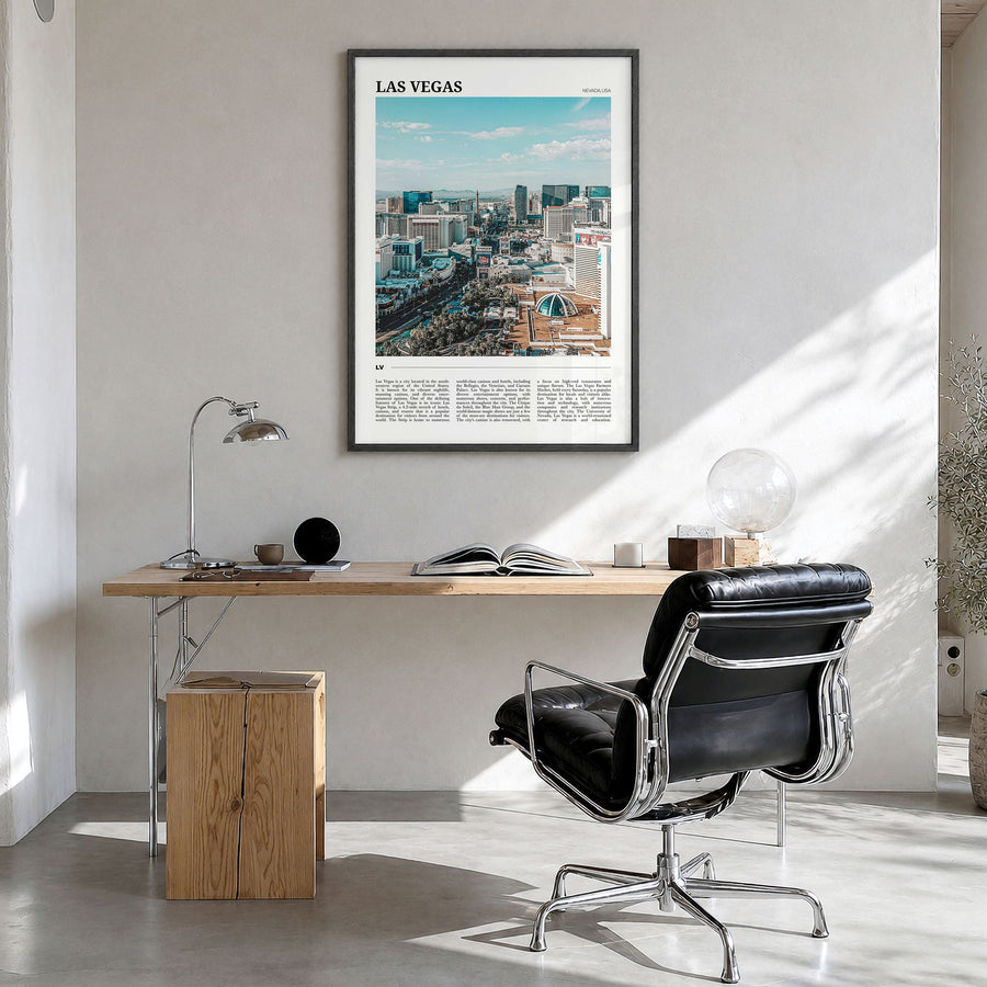 Las Vegas Travel Poster in a black wood frame, hanging in a bright home office