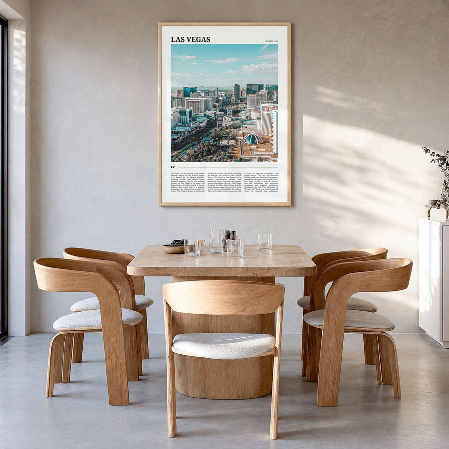 Las Vegas Travel Poster in a natural wood frame, hanging in a dining room