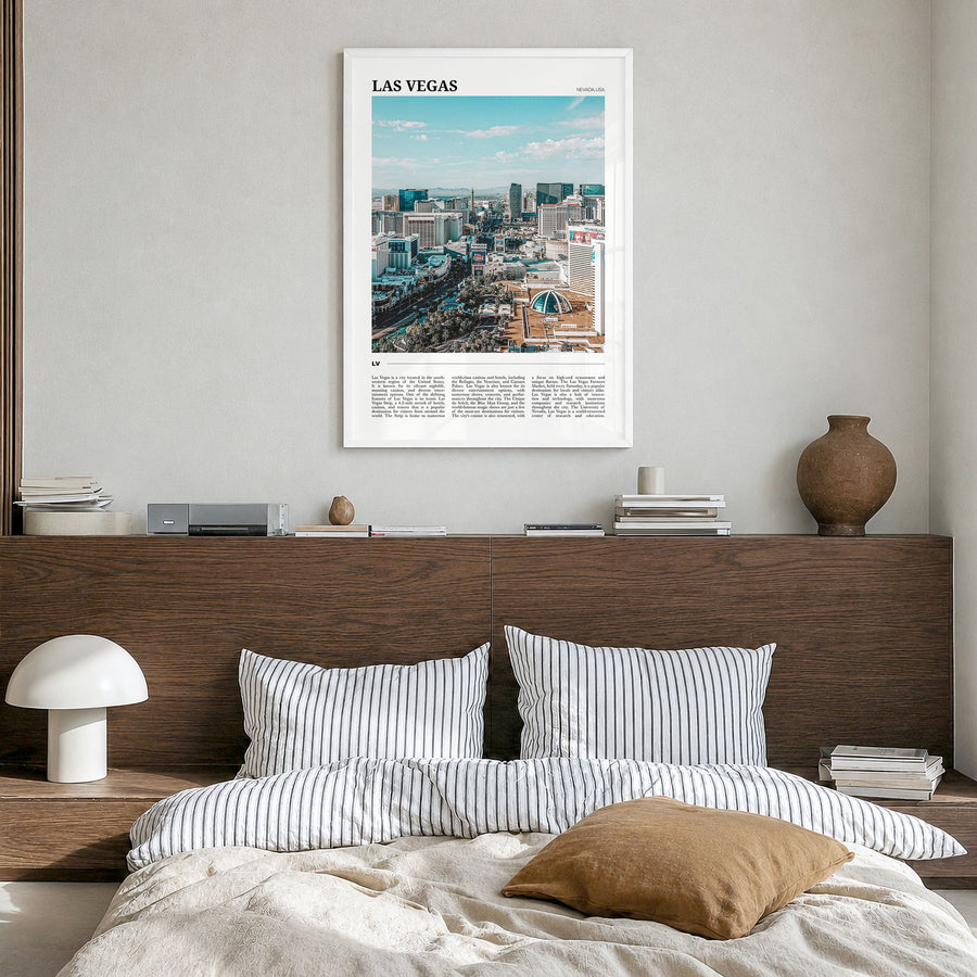 Las Vegas Travel Poster in a white wood frame, hanging in a bedroom