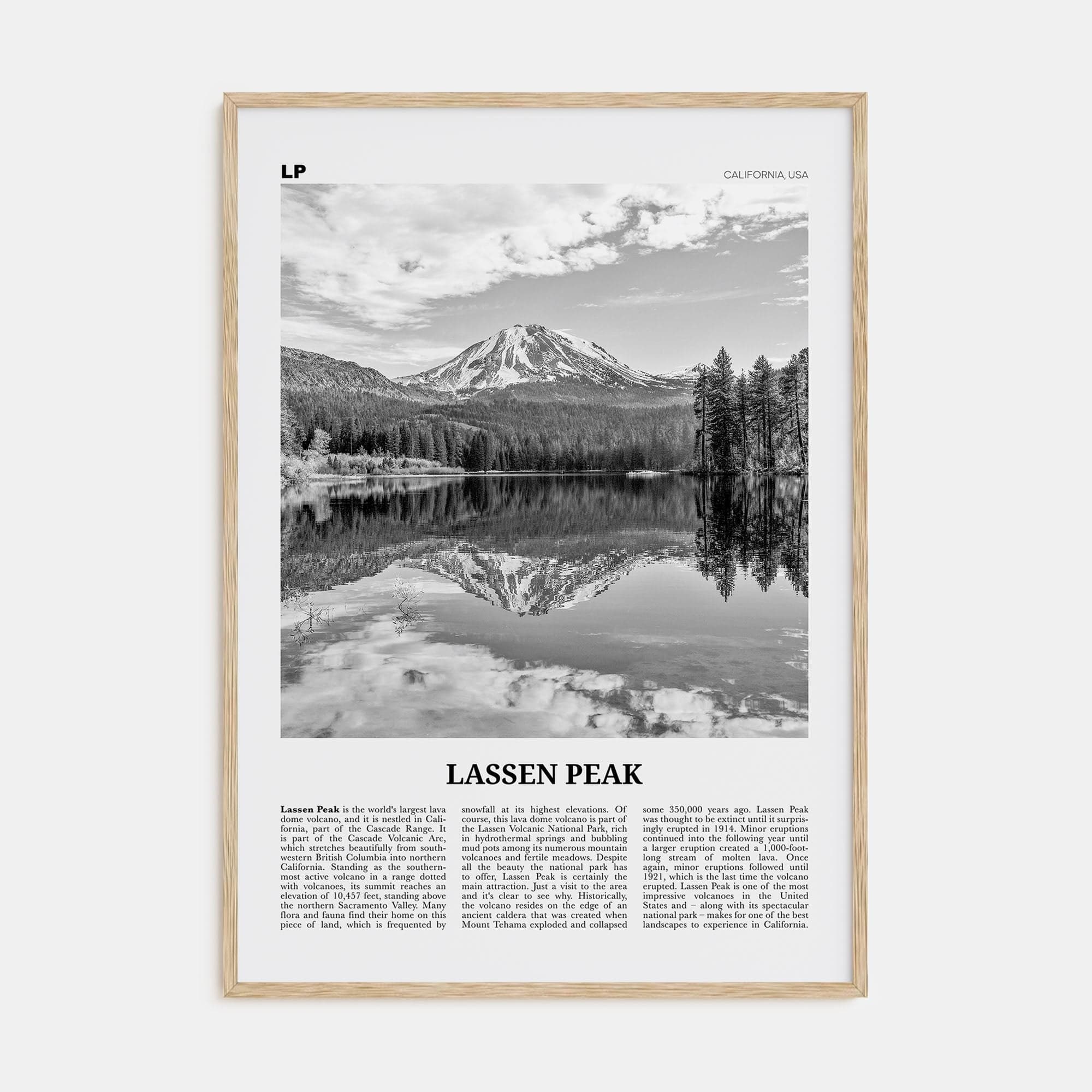 Lassen Peak Poster Natural Wood / 8x12 in Nbourhood Travel B&W Poster