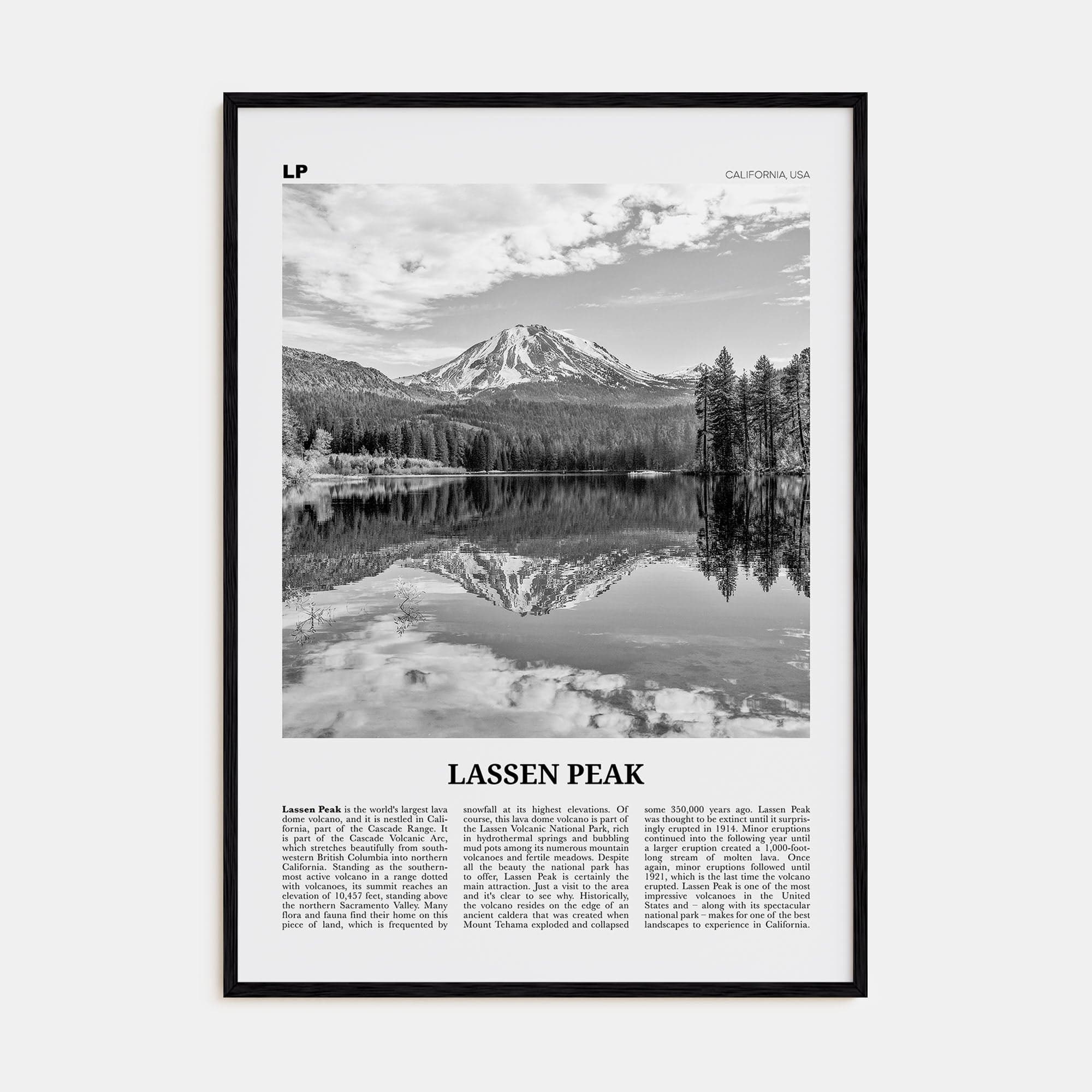 Lassen Peak Poster Black Wood / 8x12 in Nbourhood Travel B&W Poster